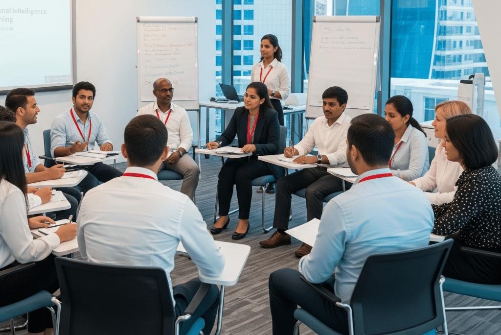 Interactive communication workshop with professionals engaging in discussion